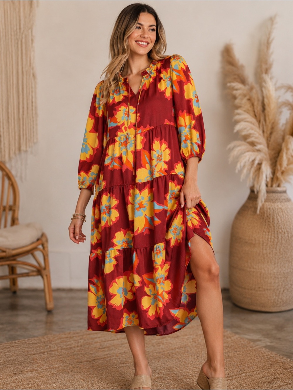 Umgee Sammi Satin Tiered Midi Dress L Burgundy Floral Boho Puff Sleeve Tie Neck